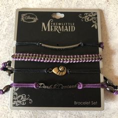 Set Of 4 "The Little Mermaid" Bracelets. First Bracelet Reads 'Poor Unfortunate Souls' And The Last 'Dark & Devious'. New, Never Worn. Mermaid Bracelets, Snow White Poison Apple, Disney Charm Bracelet, Disney Evil Queen, Disney Bracelet, Disney Maleficent, Mermaid Bracelet, Disney Charms, Vintage Sterling Silver Charms