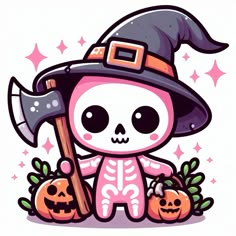 a skeleton in a witches hat with two pumpkins and an axue on the ground