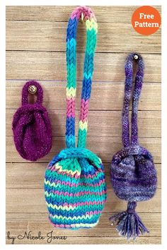 three crocheted purses are shown on a wooden surface with text overlay that says, free pattern