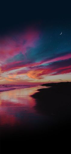 the sky is filled with colorful clouds and stars at night on the beach, while the moon shines brightly in the distance