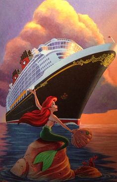 a painting of a mermaid sitting on top of a rock next to a cruise ship