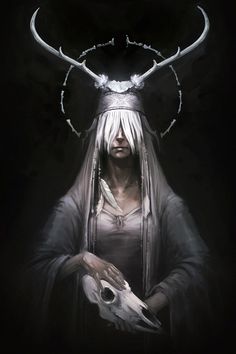 a woman with horns holding a skull in her hands