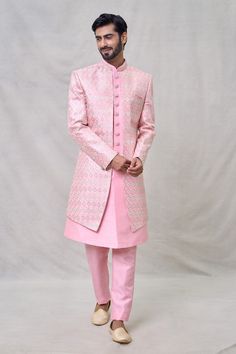 Pink sherwani with geometric embroidery and attached inner kurta. Paired with a trouser. - Aza Fashions Designer Pink Sherwani For Festive Season, Designer Pink Sherwani, Designer Pink Traditional Wear With Traditional Drape, Designer Kurta With Dupatta For Diwali, Designer Pallu Sets For Eid, Designer Sets With Pallu For Eid, Pink Sherwani, Embroidery Geometric, Geometric Embroidery