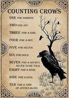 a poem written in black on parchment paper with a crow sitting next to a tree