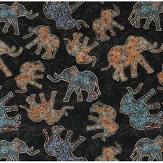 an elephant pattern is shown on a black background with blue and orange colors, including elephants