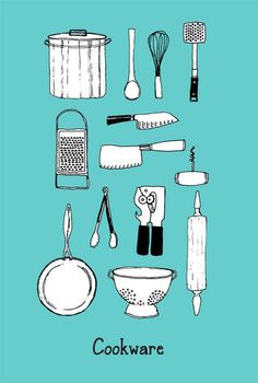 an illustration of cooking utensils on a blue background with the words cookware