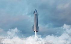 an artist's rendering of a rocket launching into the sky with clouds around it