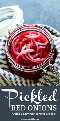 pickled red onions in a mason jar with text overlay