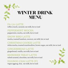 the winter drink menu is shown in green and white