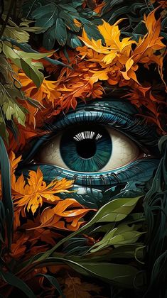 an eye surrounded by leaves and flowers