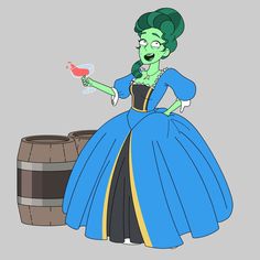 a cartoon character dressed in a blue dress and holding a wine glass next to a barrel