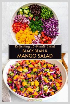 the black bean and mango salad is ready to be served in two large white bowls