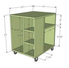 the plans for a storage cabinet with wheels and shelves on each side, including measurements