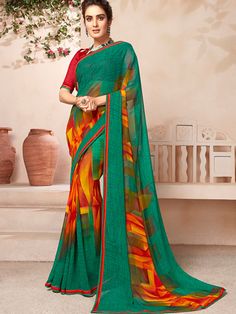 Avni Chiffon Printed Saree. SKU: 535293 Soft easy to wear chiffon fabric. Beautiful print with border. Comes with unstitch blouse fabric. 22ct Gold Jewellery, Printed Saree, White Swan, Chiffon Fabric