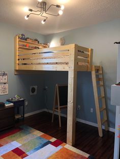 a loft bed with ladders is in the corner of a room that has a rug on the floor