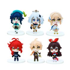 six anime figurines with different outfits and hair