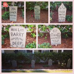 several pictures of headstones with names and words on them in front of a house