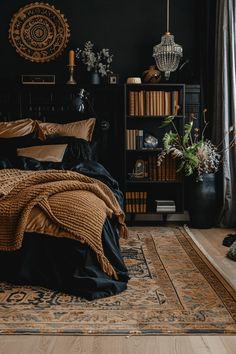 29 Black Boho Bedroom Ideas 14 Moody Maximalist Boho Decor, Dark Wood And Metal Decor, Black Rust And Green Bedroom, Dark Calming Bedroom, Cozy Modern Boho Bedroom, Art Inspired Bedroom, Cabin Style Apartment, Bedroom Ideas Academia, Dark Cabin Bedroom Aesthetic