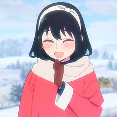 an anime character with black hair wearing a red coat and scarf, standing in the snow