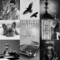 black and white collage with various images including a woman, a dog, a bottle of gin