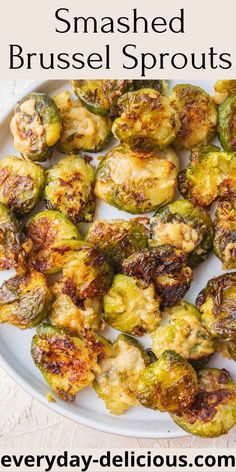 roasted brussel sprouts on a white plate with the title overlay