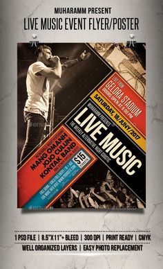 a flyer for a concert with an image of a man on stage and the words live music