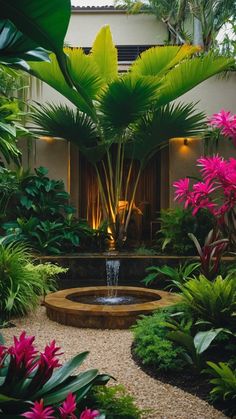 an outdoor fountain surrounded by tropical plants and flowers