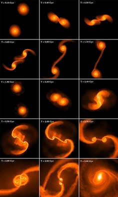 multiple images of orange spirals in the dark