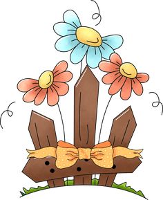 a wooden fence with flowers and two birds sitting on it's top, surrounded by daisies