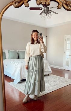 #USA Cropped Sweater And Skirt Outfit, Sweater Tucked Into Bra Over Dress, Long Skirt Christmas Outfits, Christian Woman Fashion, Maxi Skirt With Sweater Outfit, Cute Fall Modest Outfits, Thanksgiving Day Outfits Casual, Mormon Mom Outfits, Modest Midsize Outfits