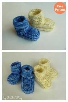 there are two pictures of knitted baby booties and one is blue and yellow