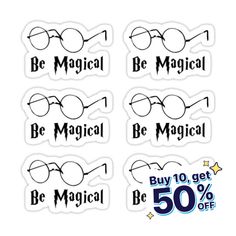 six stickers with the words be magic and eyeglasses in different styles, on white