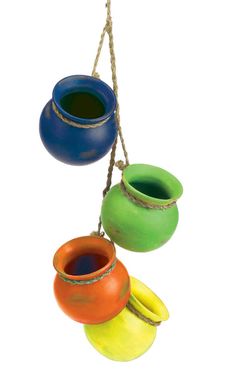 three colorful pots hanging from rope with water in them