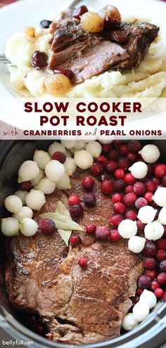 slow cooker pot roast with cranberries and peal onions is shown here