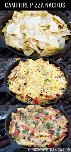 three pans filled with food sitting on top of an open fire pit, and the words campfire pizza nachos above them