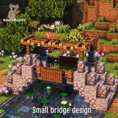 small bridge design in the middle of a garden with flowers and plants growing on it