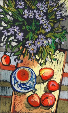 a painting of flowers and fruit on a table