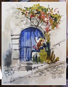 a painting of an open blue door next to a drawing of a tree with red leaves