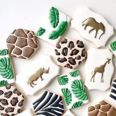 cookies decorated with animal, zebra and giraffe design on white background for dessert