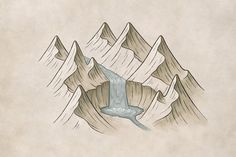 a drawing of a mountain with a waterfall coming out of the ground and mountains in the background