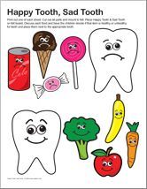 Happy tooth sad tooth story. Place Happy Tooth and Sad Tooth onto a flannel board. Discuss each food and have the children decide if it's healthy or unhealthy for teeth and place them next to the appropriate tooth. Happy Tooth, Community Helpers Preschool, February Ideas