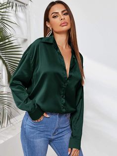 Solid Button Through Satin Blouse | EMERY ROSE Satin Button Down Shirts, Cheap Button-up Party Blouse, Cheap Buttoned Tops For Night Out, Cheap Satin Collared Tops, Cheap Satin Spring Blouse, Black Satin Blouse Jeans, Cheap Satin Blouse For Office, Fitted Blouse For Date Night, Satin Shirt Mom Jeans