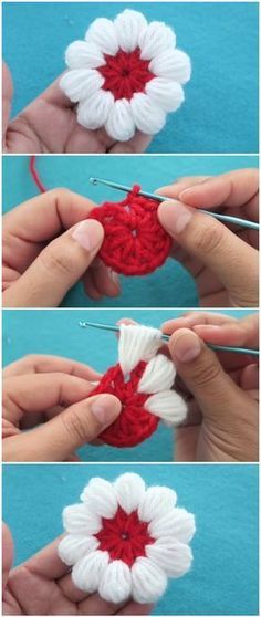 the crochet flower is being worked on