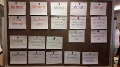 a bulletin board with several pieces of paper pinned to it's sides and words written on them