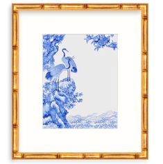 a blue and white painting with a crane on it's back in a bamboo frame