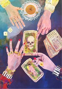 two hands are holding playing cards with skulls on them and dices in front of them