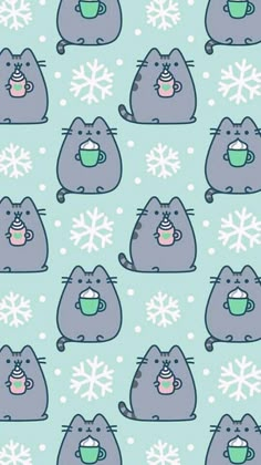 a pattern with pusho cats holding coffee mugs in their paws and snowflakes on the background