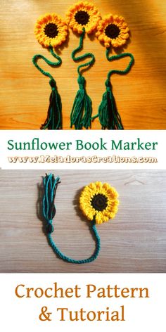 the sunflower book marker is made with crochet yarn and has flowers attached to it