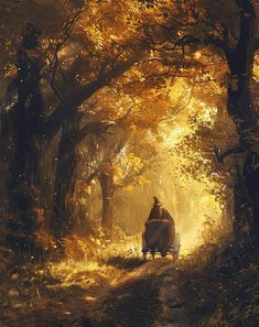 a painting of a person sitting in a wheel chair on a path surrounded by trees