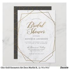 an elegant marble bridal shower card with gold foil on the front and black border